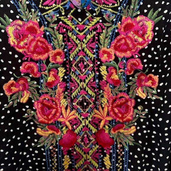 Caleoas Black Fiesta Floral Embroidered Bohemian Hippie Ruffle Blouse - Medium - Picture 4 of 16